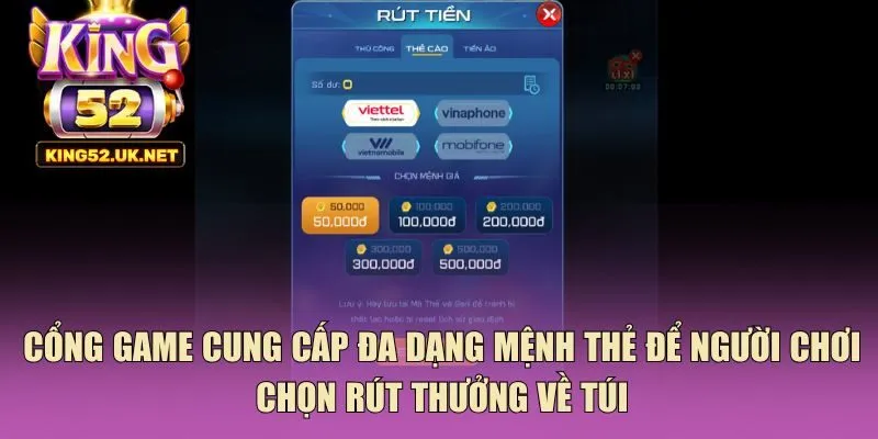 Cổng game cung cấp đa dạng mệnh thẻ để người chơi chọn rút thưởng về túi